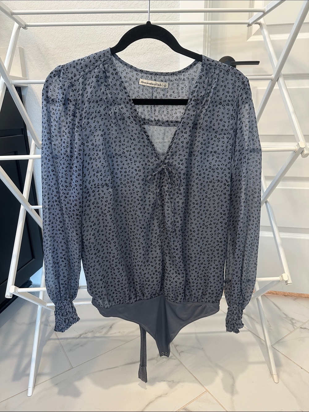 Abercrombie & Fitch Blue Leopard Print Long-Sleeve Tie-Front Bodysuit